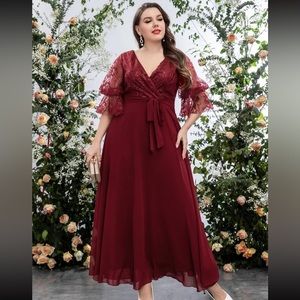 Shein Embroidery Mesh Sleeve Chiffon Belted Dress! Color: burgundy, size 4XL/20